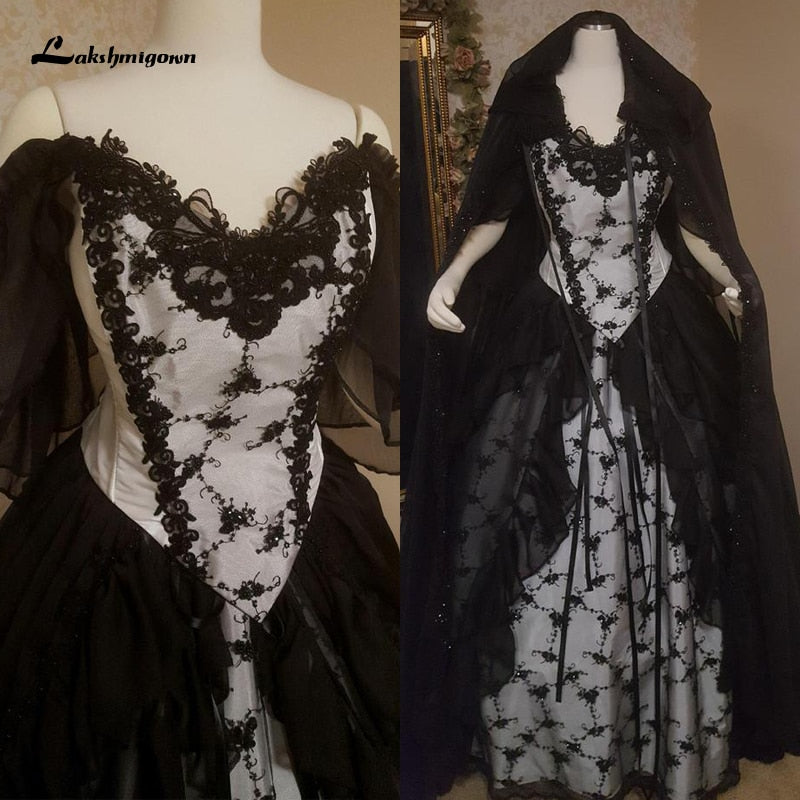 Lakshmigown Black Gothic Wedding Dresses with Cape Overskirt Double Chiffon Custom Gown with Flutter Sleeves Robe De Mariee