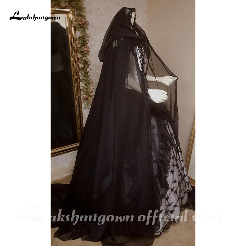 Lakshmigown Black Gothic Wedding Dresses with Cape Overskirt Double Chiffon Custom Gown with Flutter Sleeves Robe De Mariee - ROYCEBRIDAL OFFICIAL STORE