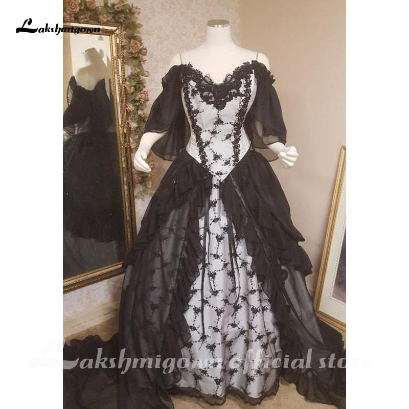 Lakshmigown Black Gothic Wedding Dresses with Cape Overskirt Double Chiffon Custom Gown with Flutter Sleeves Robe De Mariee - ROYCEBRIDAL OFFICIAL STORE