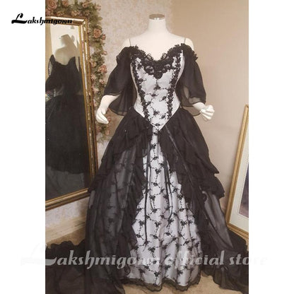 Lakshmigown Black Gothic Wedding Dresses with Cape Overskirt Double Chiffon Custom Gown with Flutter Sleeves Robe De Mariee - ROYCEBRIDAL OFFICIAL STORE