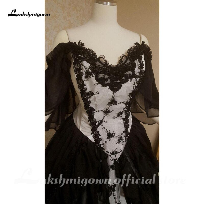 Lakshmigown Black Gothic Wedding Dresses with Cape Overskirt Double Chiffon Custom Gown with Flutter Sleeves Robe De Mariee