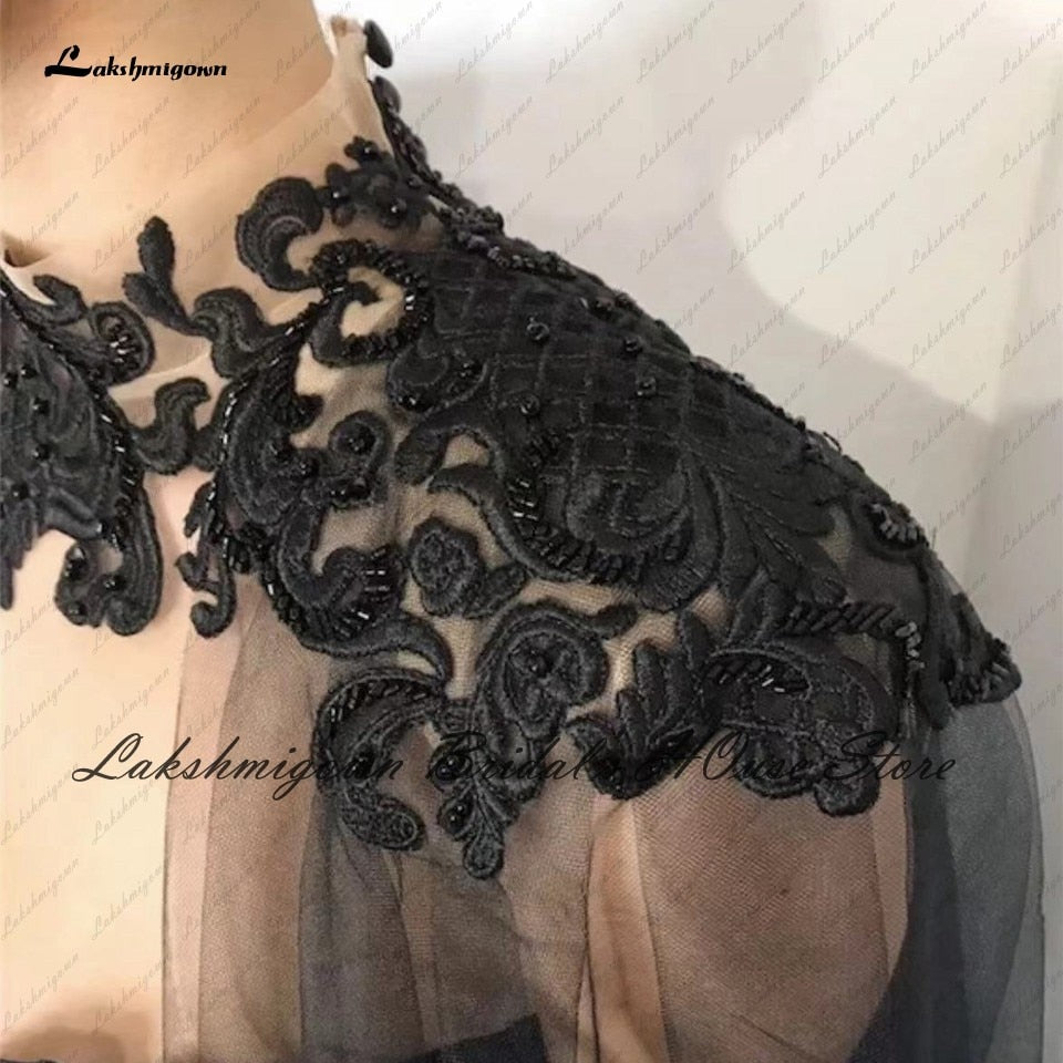 Lakshmigown Gothic Black Wedding Dress Corset Lace up Back 2022 Vestido Novia Civil Bridal Wedding Gown with Cape Floor Length - ROYCEBRIDAL OFFICIAL STORE