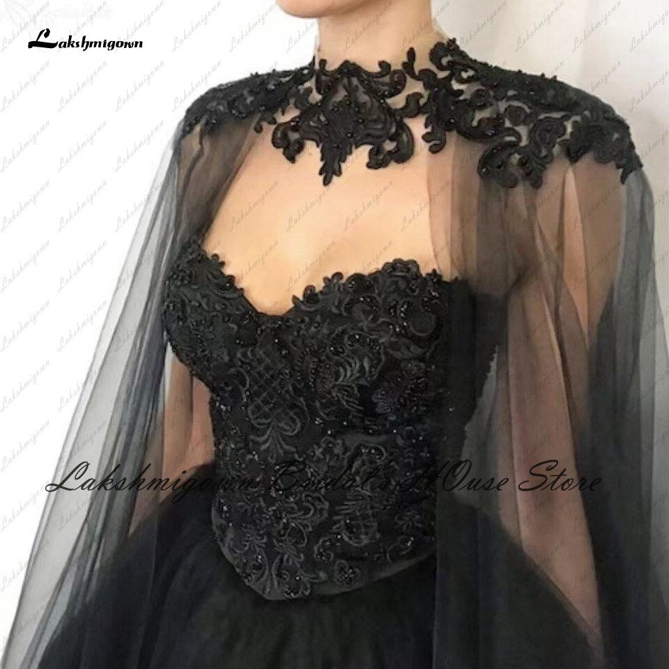 Lakshmigown Gothic Black Wedding Dress Corset Lace up Back 2022 Vestido Novia Civil Bridal Wedding Gown with Cape Floor Length - ROYCEBRIDAL OFFICIAL STORE