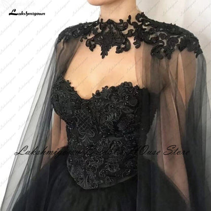 Lakshmigown Gothic Black Wedding Dress Corset Lace up Back 2022 Vestido Novia Civil Bridal Wedding Gown with Cape Floor Length - ROYCEBRIDAL OFFICIAL STORE