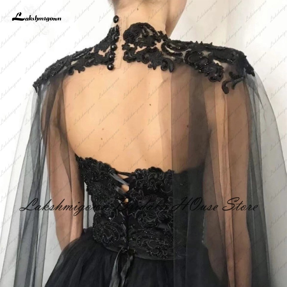 Lakshmigown Gothic Black Wedding Dress Corset Lace up Back 2022 Vestido Novia Civil Bridal Wedding Gown with Cape Floor Length