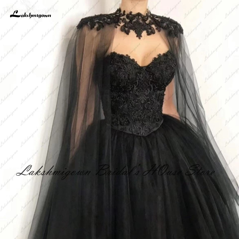 Lakshmigown Gothic Black Wedding Dress Corset Lace up Back 2022 Vestido Novia Civil Bridal Wedding Gown with Cape Floor Length - ROYCEBRIDAL OFFICIAL STORE