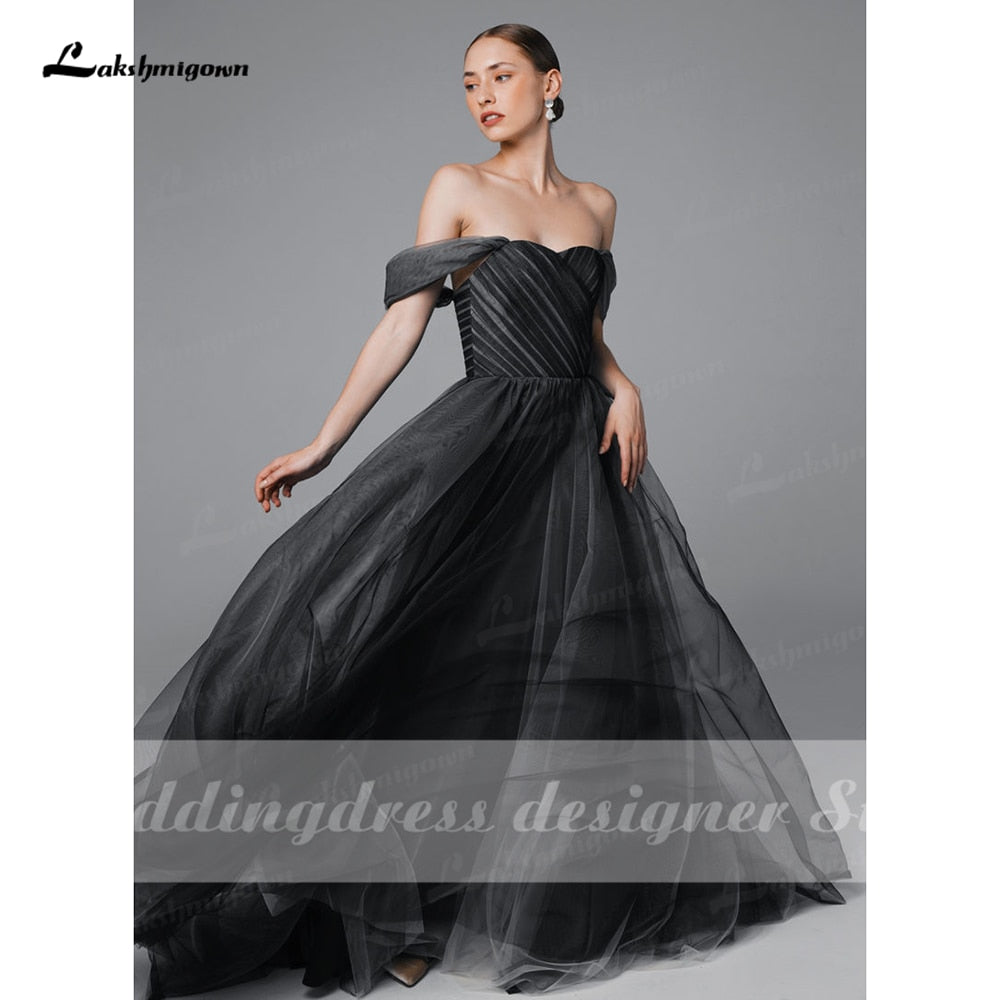 Simple Black Ombre Wedding Dress Boho Off Shoulder Mesh Tulle Sheer Gothic Grey Bridal Gown Plus Size vestido de noiva praiano - ROYCEBRIDAL OFFICIAL STORE