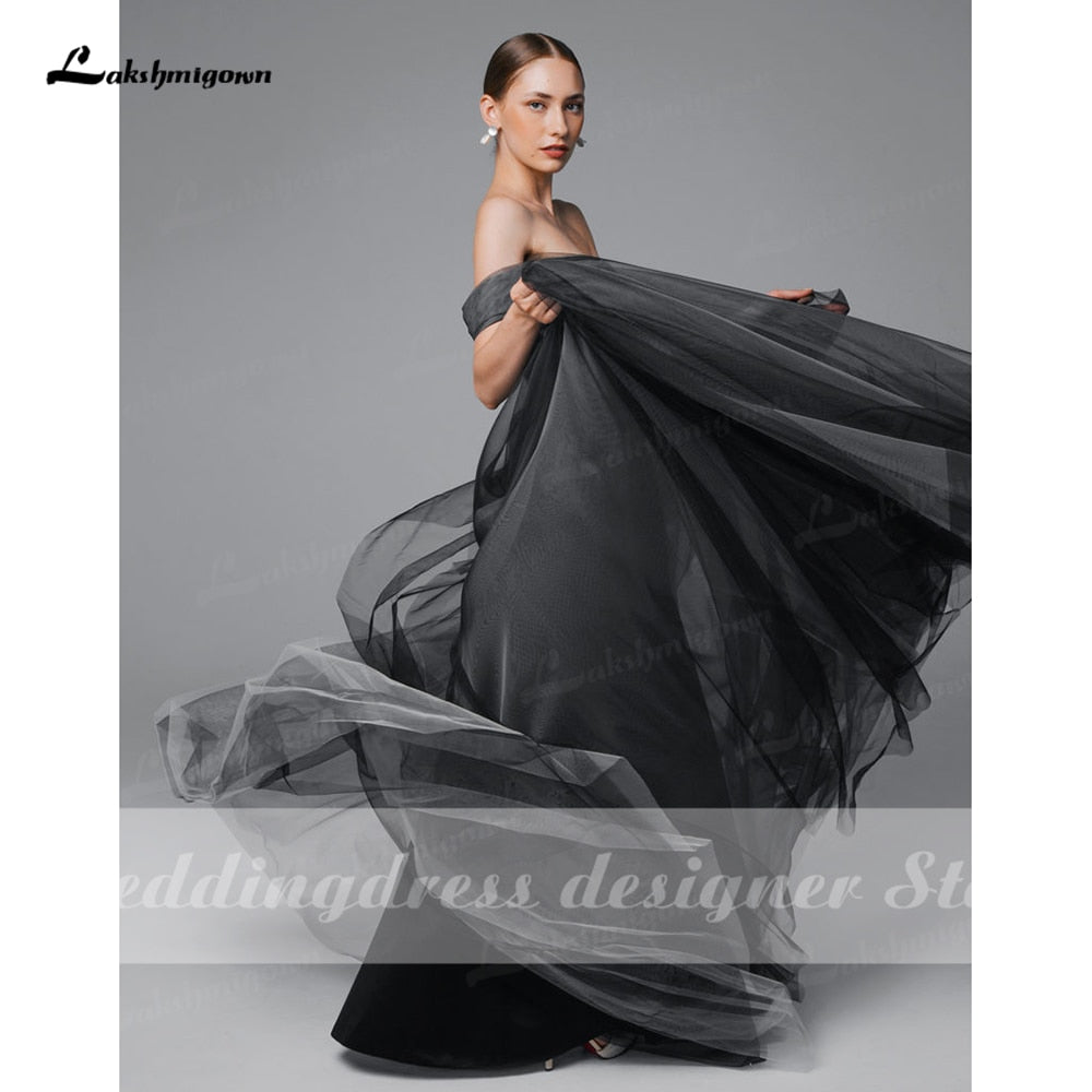 Simple Black Ombre Wedding Dress Boho Off Shoulder Mesh Tulle Sheer Gothic Grey Bridal Gown Plus Size vestido de noiva praiano - ROYCEBRIDAL OFFICIAL STORE