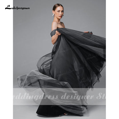 Simple Black Ombre Wedding Dress Boho Off Shoulder Mesh Tulle Sheer Gothic Grey Bridal Gown Plus Size vestido de noiva praiano - ROYCEBRIDAL OFFICIAL STORE