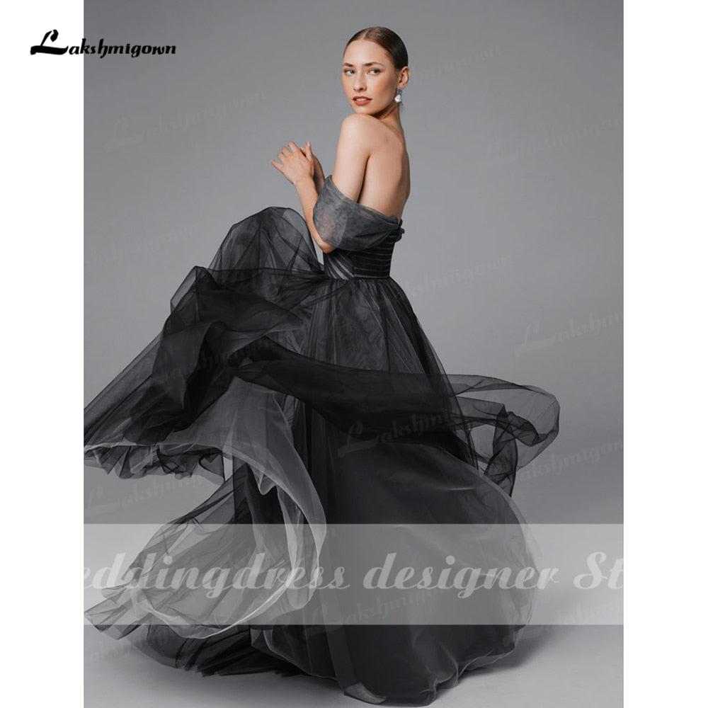 Simple Black Ombre Wedding Dress Boho Off Shoulder Mesh Tulle Sheer Gothic Grey Bridal Gown Plus Size vestido de noiva praiano
