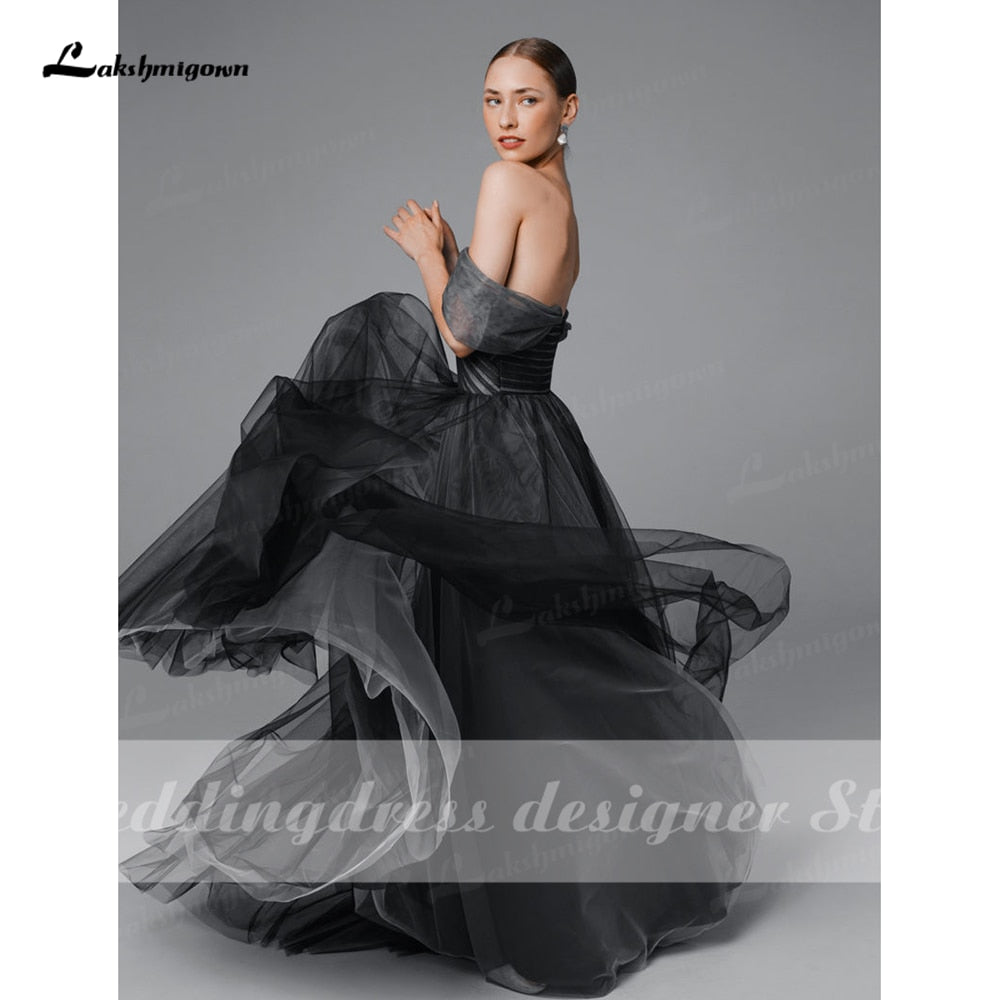 Simple Black Ombre Wedding Dress Boho Off Shoulder Mesh Tulle Sheer Gothic Grey Bridal Gown Plus Size vestido de noiva praiano - ROYCEBRIDAL OFFICIAL STORE