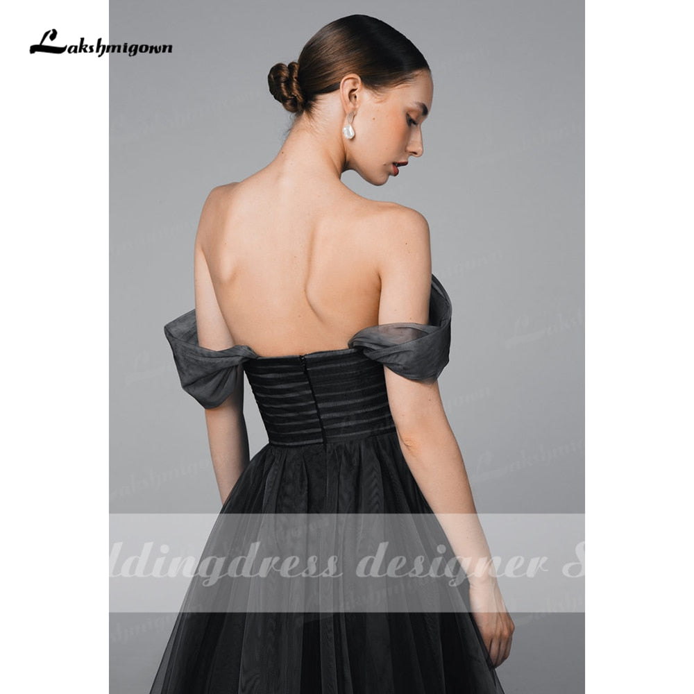 Simple Black Ombre Wedding Dress Boho Off Shoulder Mesh Tulle Sheer Gothic Grey Bridal Gown Plus Size vestido de noiva praiano