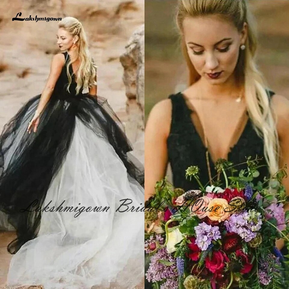 Gothic Women Black and White Wedding Dress 2021 Vestido de Novia Civil Bridal Tulle Wedding Gowns V neck Lace Appliques