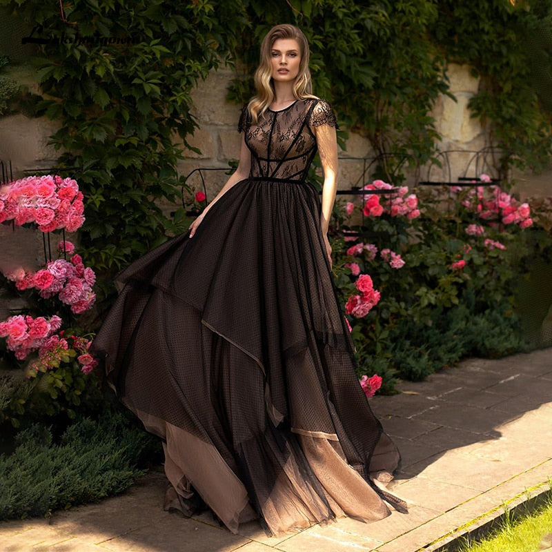 Lakshmigown Black Wedding Dresses 2021 Short Sleeve Elegant A-line Tulle Bridal Dress Lace Gothic Wedding Gowns robe de mariee