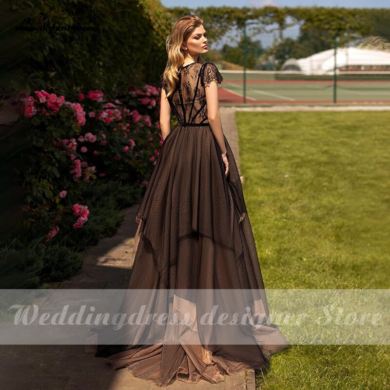 Lakshmigown Black Wedding Dresses 2021 Short Sleeve Elegant A-line Tulle Bridal Dress Lace Gothic Wedding Gowns robe de mariee