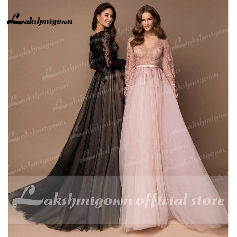 Sexy Deep V neck Sweep Train Tulle Lace Black Wedding Dress Long Sleeve With Appliques Vestidos De Novia Gothic Bride Design