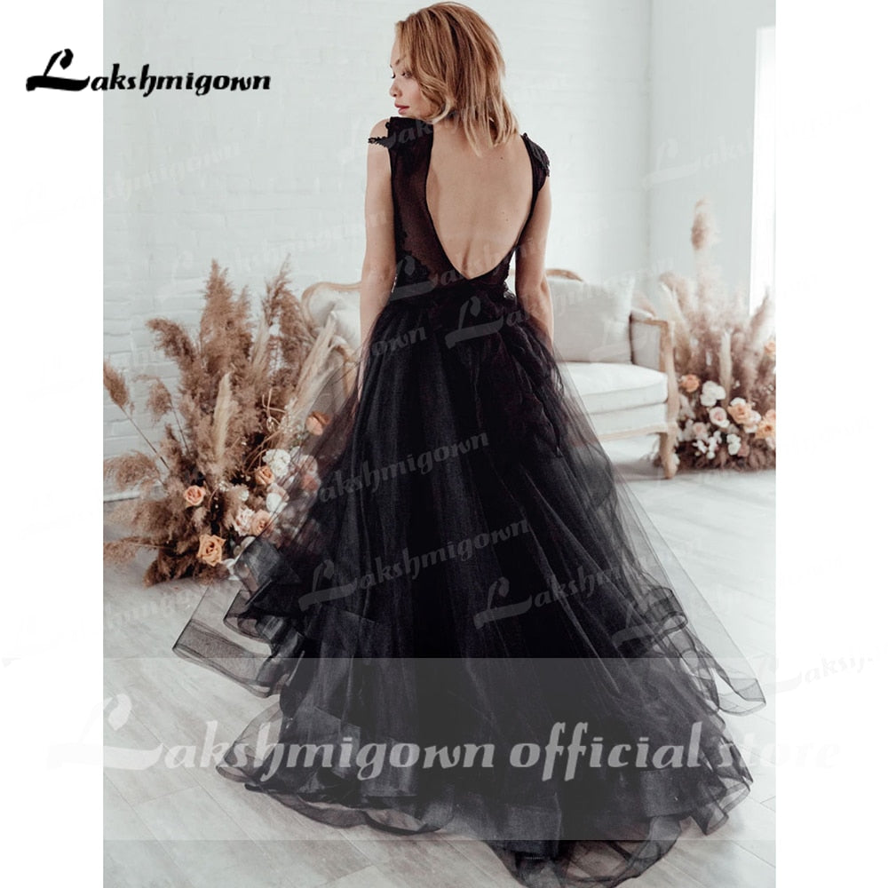 Gothic Black Wedding Dress 2021 Ruffle Ball Gown Bride Dress Backless Robe de Mariage Dresses for women Lakshmigown