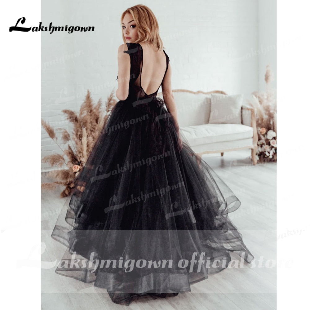 Gothic Black Wedding Dress 2021 Ruffle Ball Gown Bride Dress Backless Robe de Mariage Dresses for women Lakshmigown