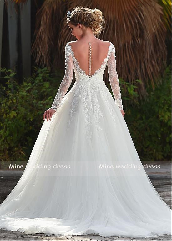 Long Sleeves Illusion Scoop Neckline Wedding Dress Vintage Tulle Lace Appliques Bridal Gown Vestido De Noiva