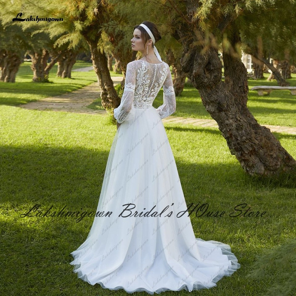 Boho Bridal Robe Puffy Long Sleeve Wedding Dresses 2022 Lace Bodice Vestido de Princesa A Line Off White Tulle Wedding Gowns - ROYCEBRIDAL OFFICIAL STORE