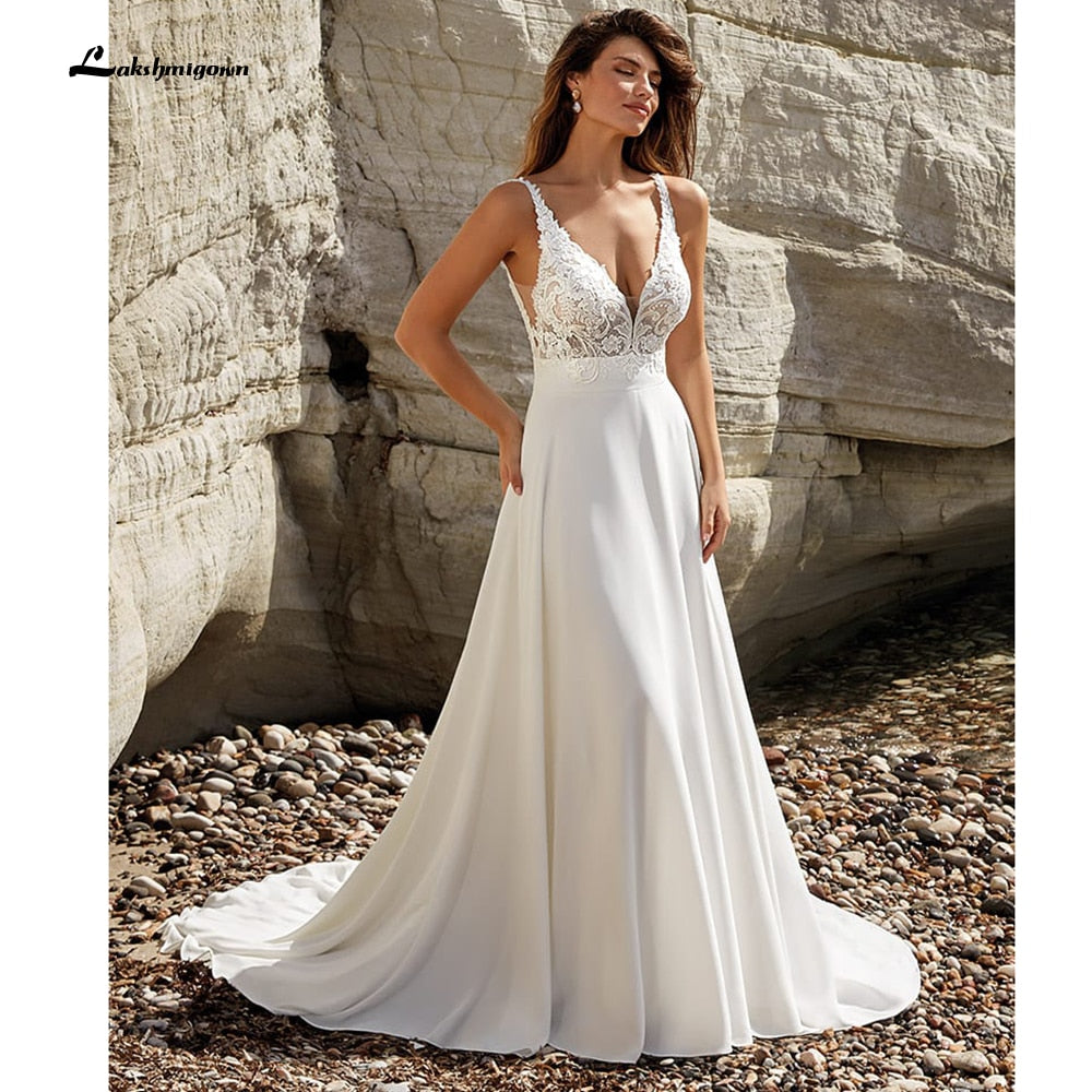 Modest V-Neck Wedding Dress 2022 Fashion lace appliques Sweep Train  A Line Bridal Gown New Arrival  Vestidos de Nova