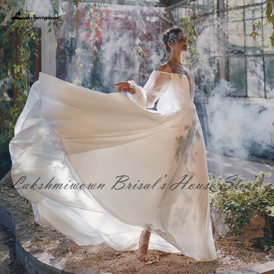Sexy Bridal Puffy Long Sleeve Wedding Dress Off the Shoulder 2021 Vestidos de Novia Chic Boho A Line Chiffon Wedding Gowns