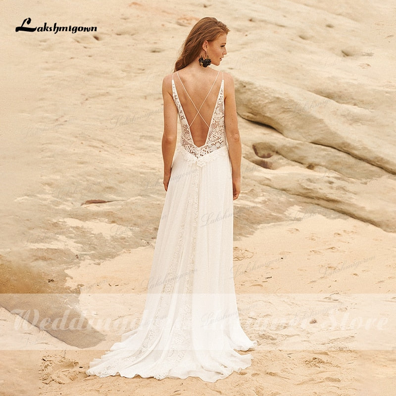 Simple Beach Chiffon Wedding Dresses 2021 V neckline vestido de novia Sexy Spaghetti Straps Boho Bridal Dress Split robe mariage