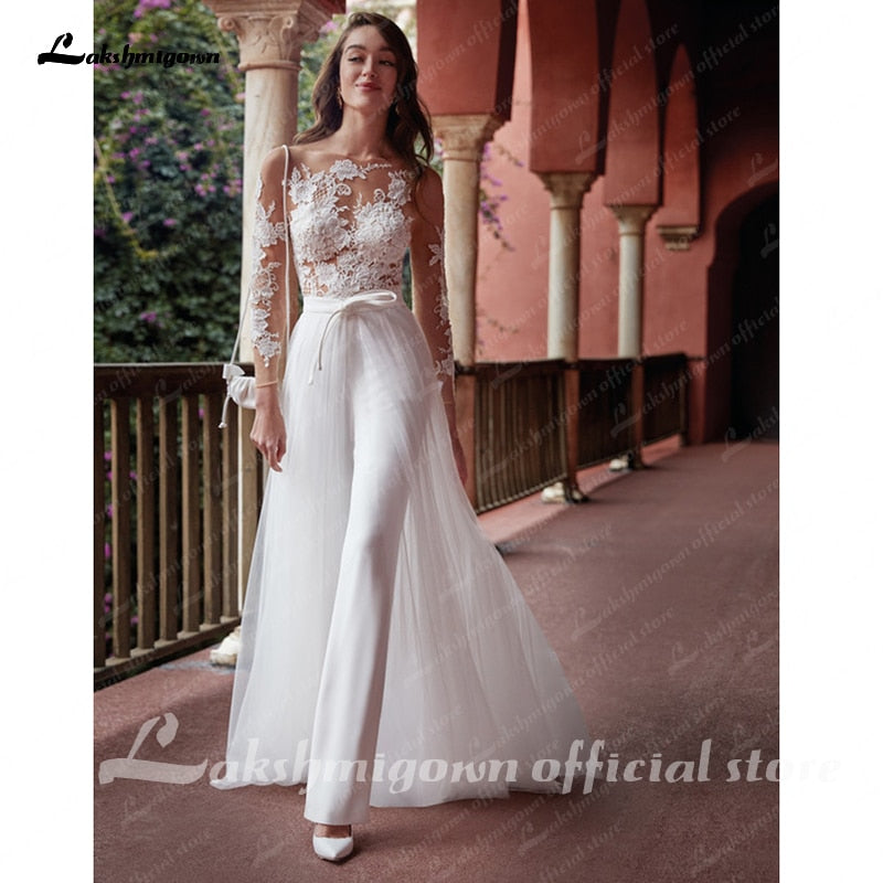 Long Sleeves Lace Jumpsuits Wedding Dresses With Detachable Train Soft Satin White bridal gown Vestido De Noiva - ROYCEBRIDAL OFFICIAL STORE