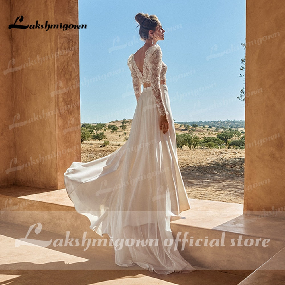 Two pieces Wedding Dresses 2022 Civil Boho Wedding Gowns Lace Top Long Sleeves Front Split dress princess white Lakshmigown