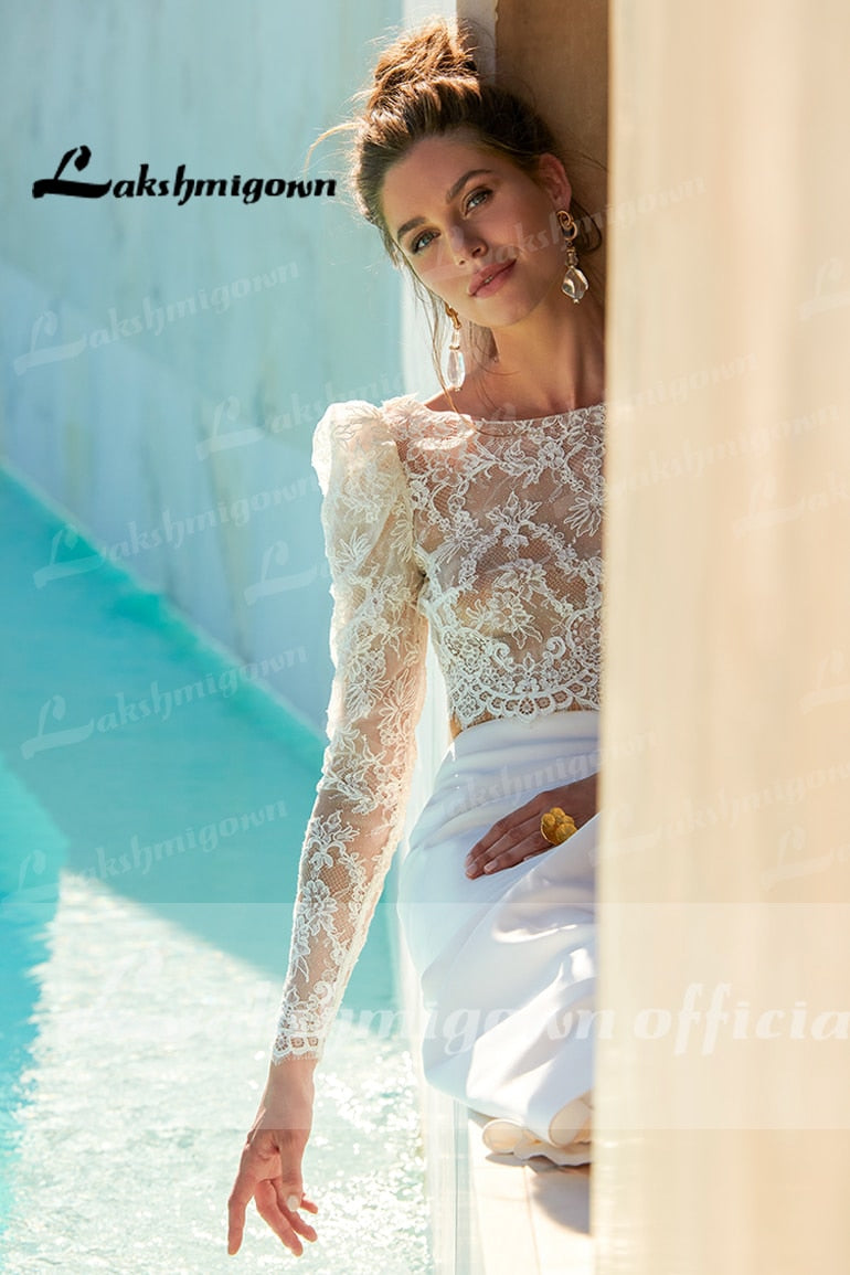 Two pieces Wedding Dresses 2022 Civil Boho Wedding Gowns Lace Top Long Sleeves Front Split dress princess white Lakshmigown - ROYCEBRIDAL OFFICIAL STORE