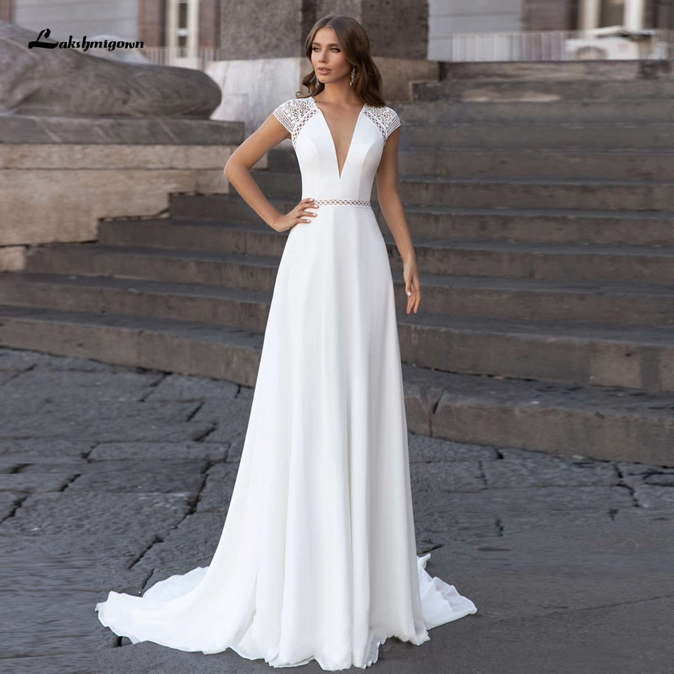 Abiti Donna Modest Bridal A Line Wedding Dress Summer 2021 Simple V-neck Backless Beach Wedding Dresses Long Train Lakshmigown