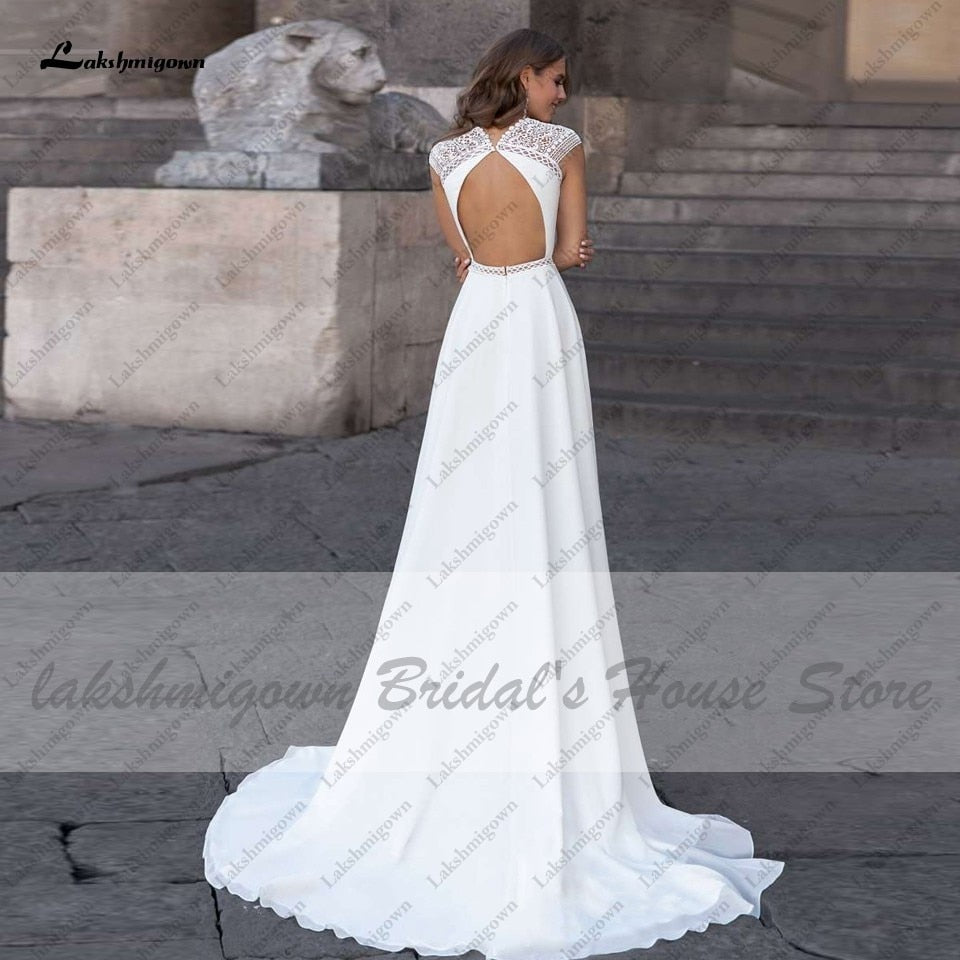 Abiti Donna Modest Bridal A Line Wedding Dress Summer 2021 Simple V-neck Backless Beach Wedding Dresses Long Train Lakshmigown