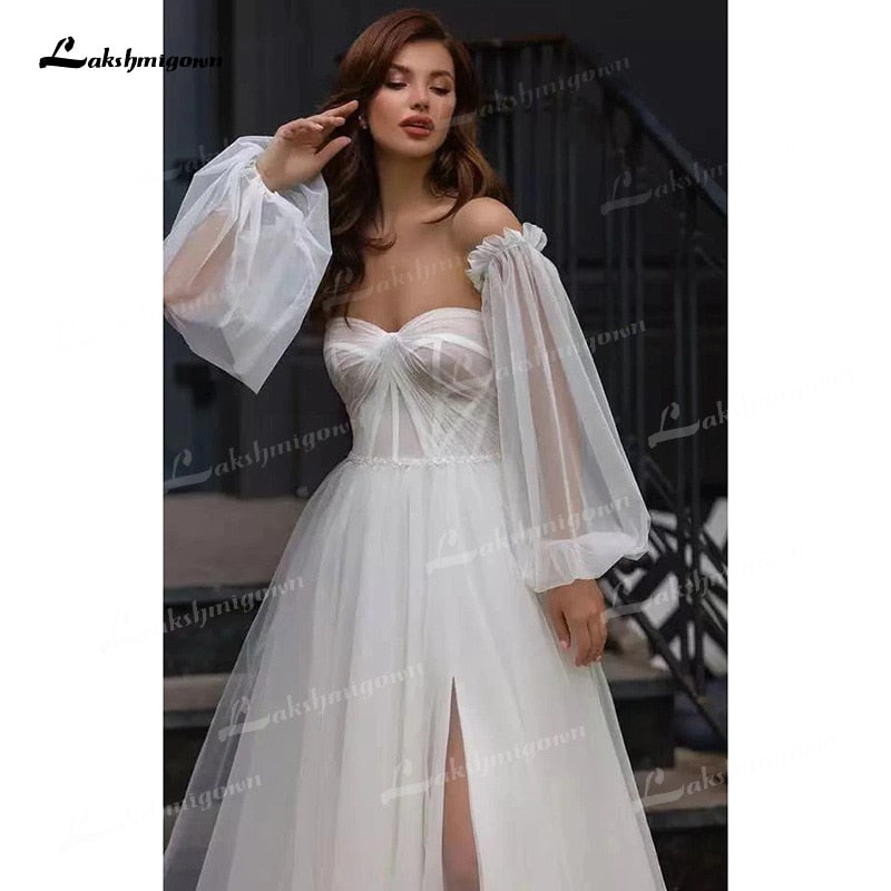 Boho A-Line Tulle Wedding Dresses Side Split With Detachable Puff Sleeves Sweetheart Neck Sweep/Brush Train Beach Bride Gowns - ROYCEBRIDAL OFFICIAL STORE