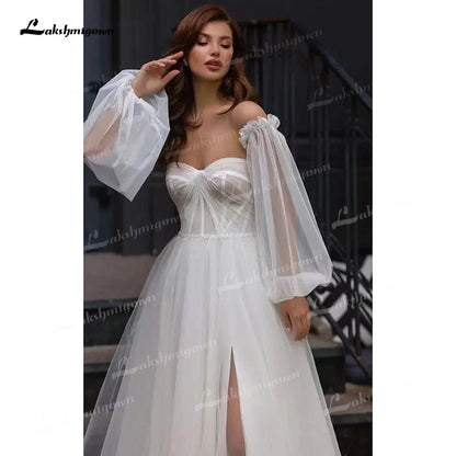 Boho A-Line Tulle Wedding Dresses Side Split With Detachable Puff Sleeves Sweetheart Neck Sweep/Brush Train Beach Bride Gowns - ROYCEBRIDAL OFFICIAL STORE