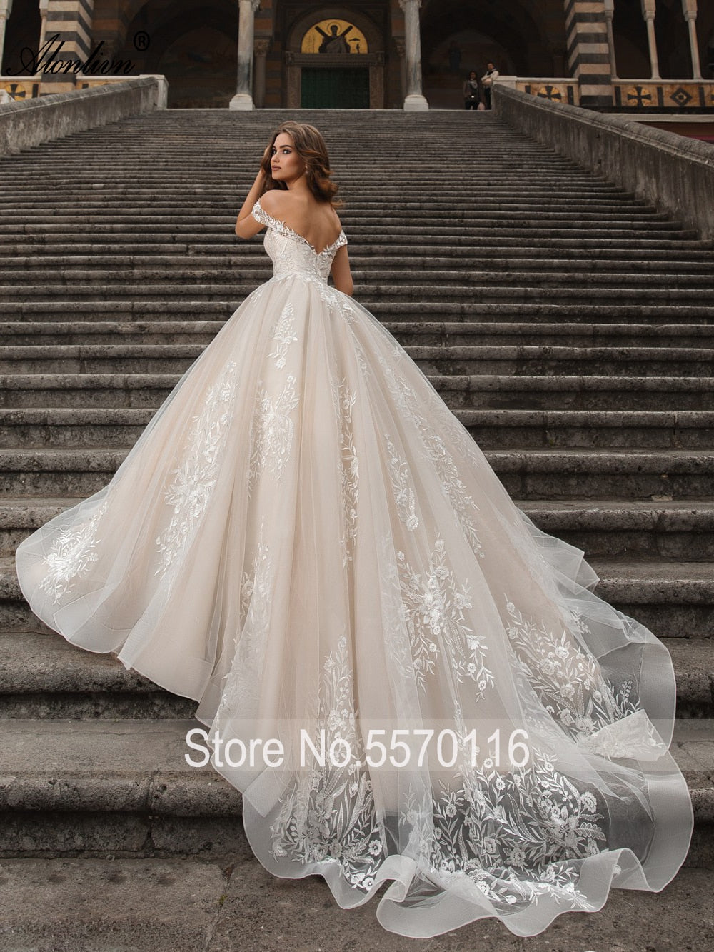 Wedding Dresses Ball Gown Off Shoulder Golden Lace Appliqued Floor Length  Bridal Dress – Dbrbridal