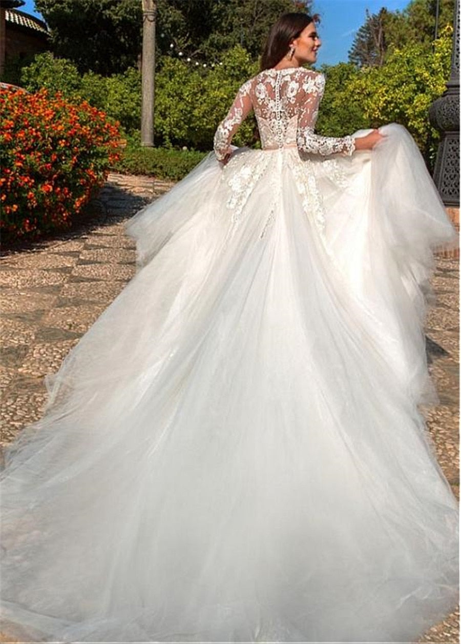 Long Sleeves A-Line Wedding Dresses Bridal Gowns Tulle With Ribbon Cus –  ROYCEBRIDAL OFFICIAL STORE