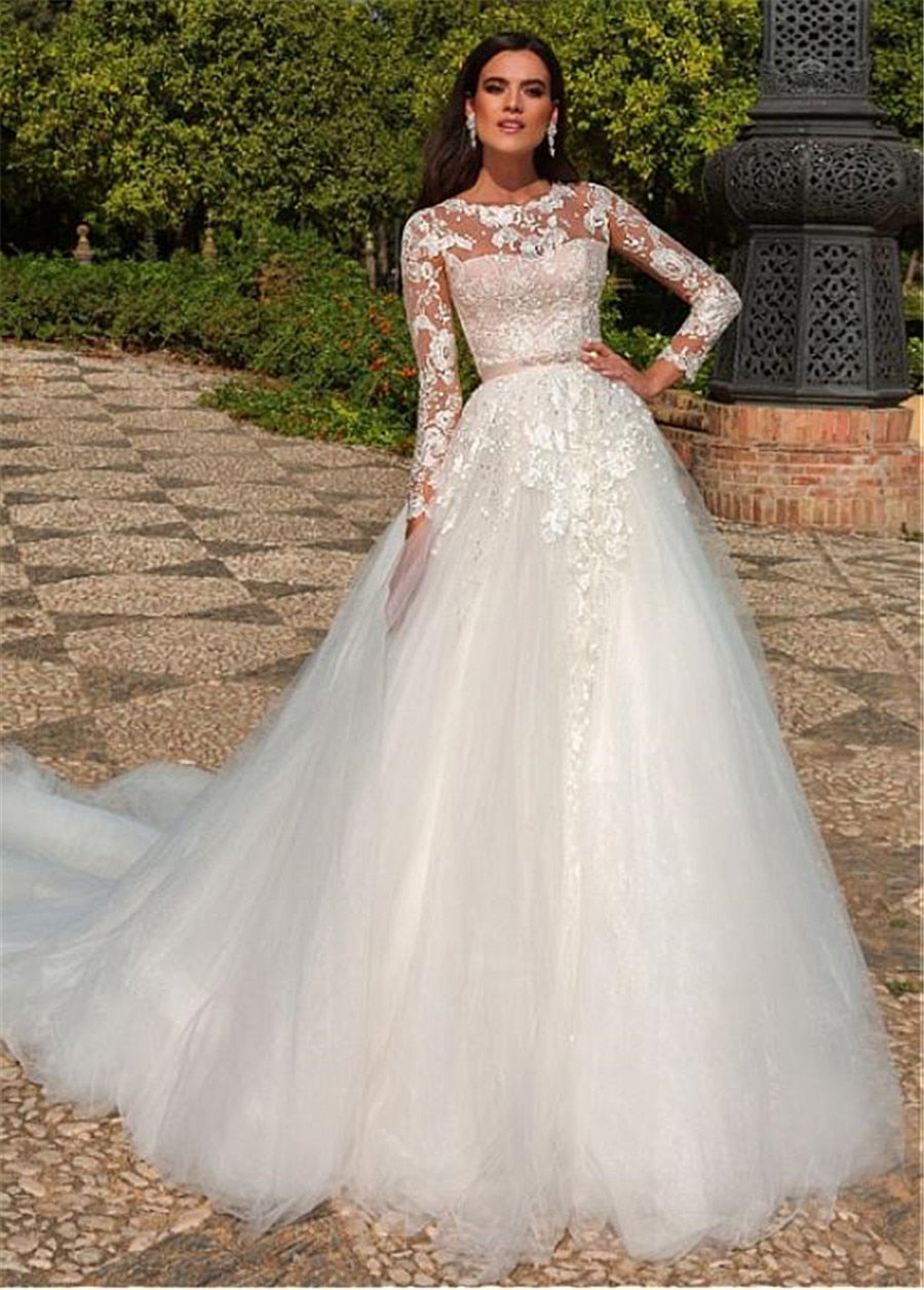 Roycebridal Long Sleeves A-Line Wedding Dresses Bridal Gowns Tulle With Ribbon Custom Made Spring Lace Appliques Top