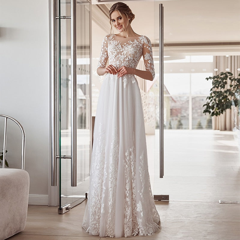 Half Sleeve Floor Length A-Line Wedding Dress 2021 Lace Appliques O-Neck Vintage Civil Bridal Gown With Button Back Tulle