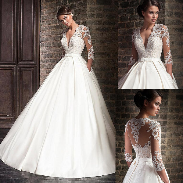 Marvelous Satin V-Neck A-Line Wedding Dresses With Lace Appliques Half ...