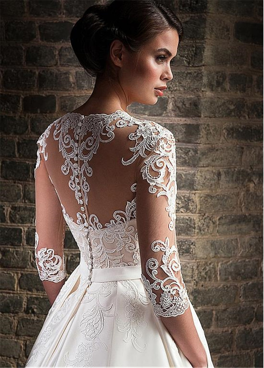 Marvelous Satin V-Neck A-Line Wedding Dresses With Lace Appliques Half Sleeves Bridal Dress with Pocket vestidos de formatura