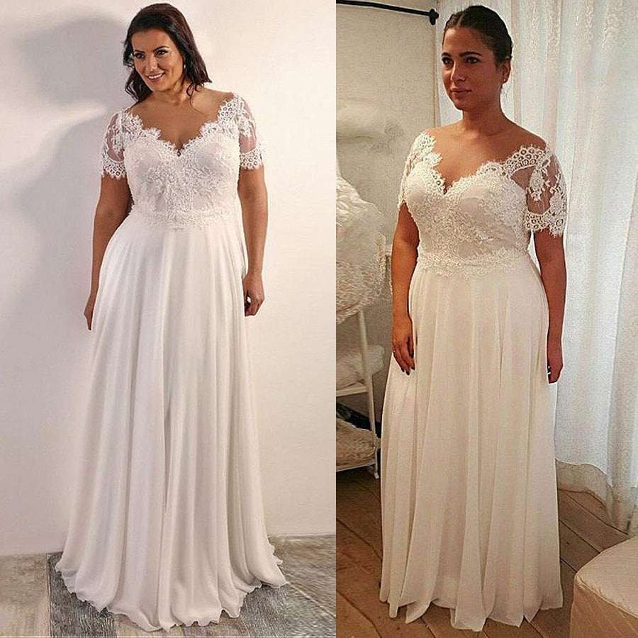 Chiffon A-line Plus Size Wedding Dress With Beaded Lace Appliques Short Sleeves Lace Up Back 28W Size Bridal Dresses