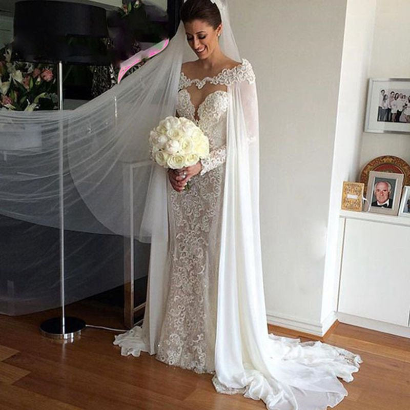 White ivory Wedding Wraps Chiffon Bride Jacket Bridal Cloak Dress's Cape Appliques Hot Sale manto Women Wedding Accessory - ROYCEBRIDAL OFFICIAL STORE