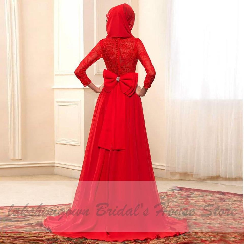 Red Hijab Wedding Dress Elegant Long Sleeve O Neck