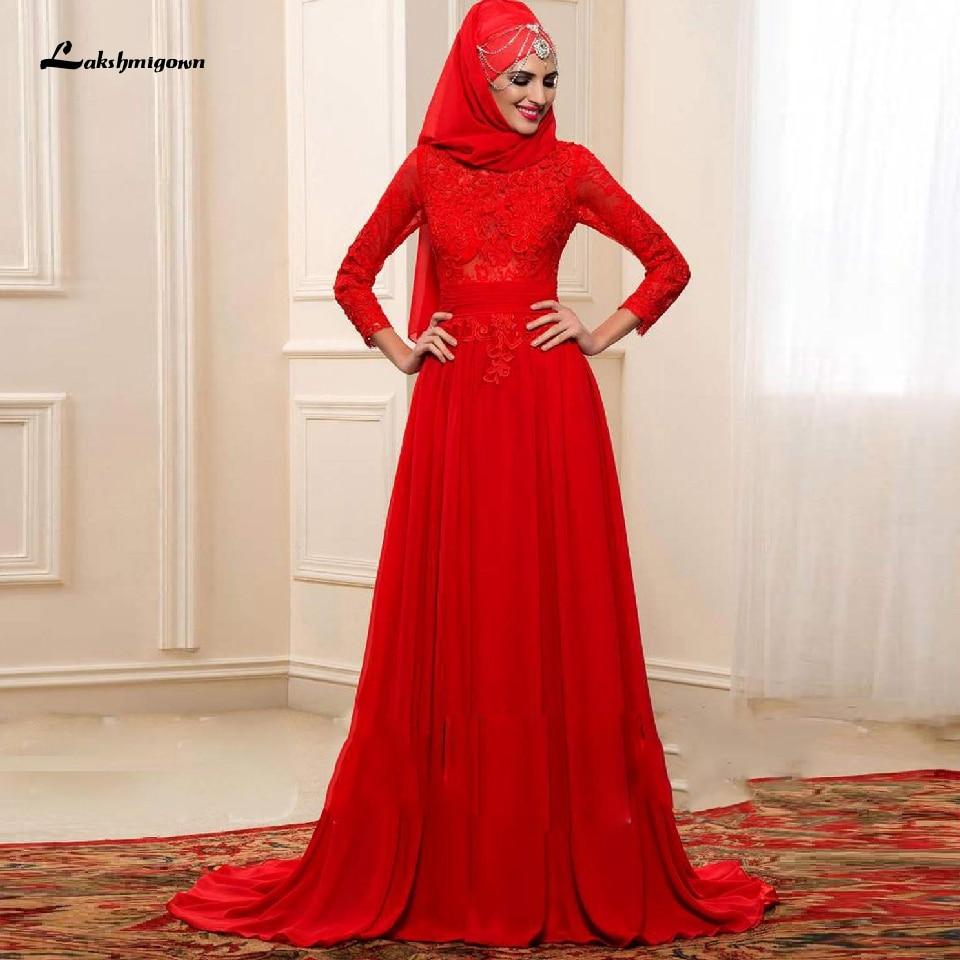 Red Hijab Wedding Dress Elegant Long Sleeve O Neck