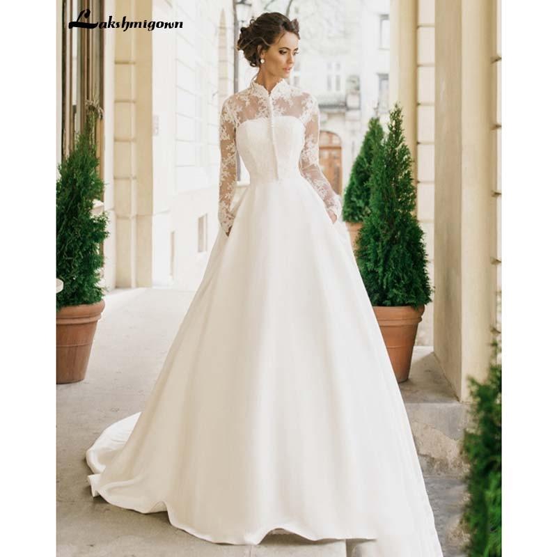 Romantic Lace Wedding Dresses V neck A Line High Slit