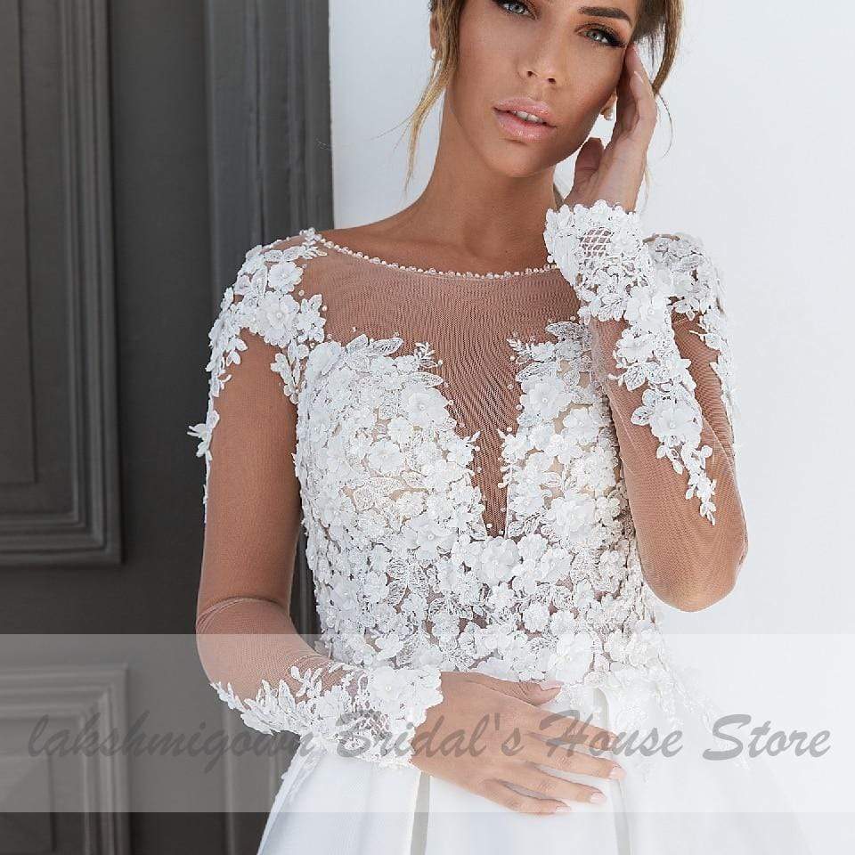 Satin Long Sleeve Wedding Dress Plus Size - ROYCEBRIDAL OFFICIAL STORE
