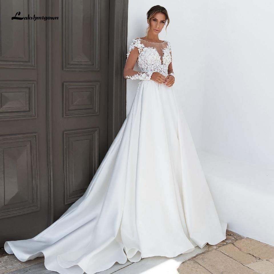Satin Long Sleeve Wedding Dress Plus Size - ROYCEBRIDAL OFFICIAL STORE