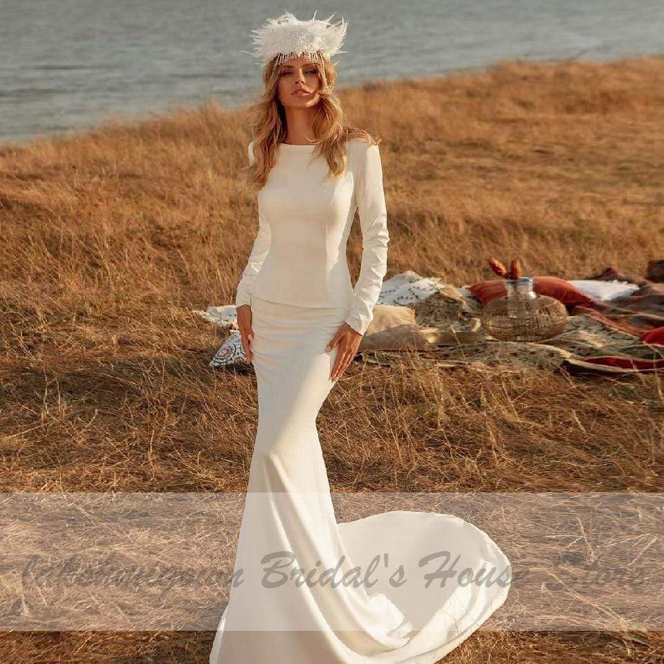 Satin Mermaid Wedding Dresses Sexy Backless Long Sleeves Bridal Gown