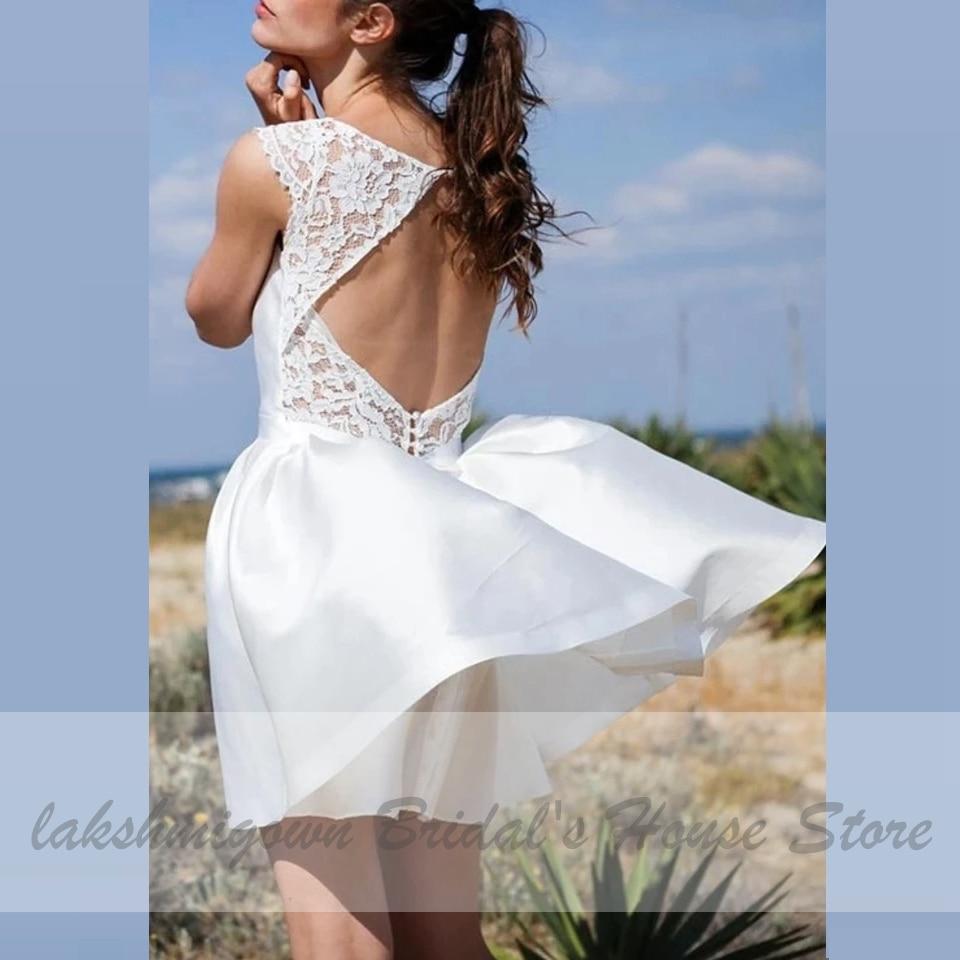 Satin Short Wedding Dress Lace Neckline Sexy Bridal Gown