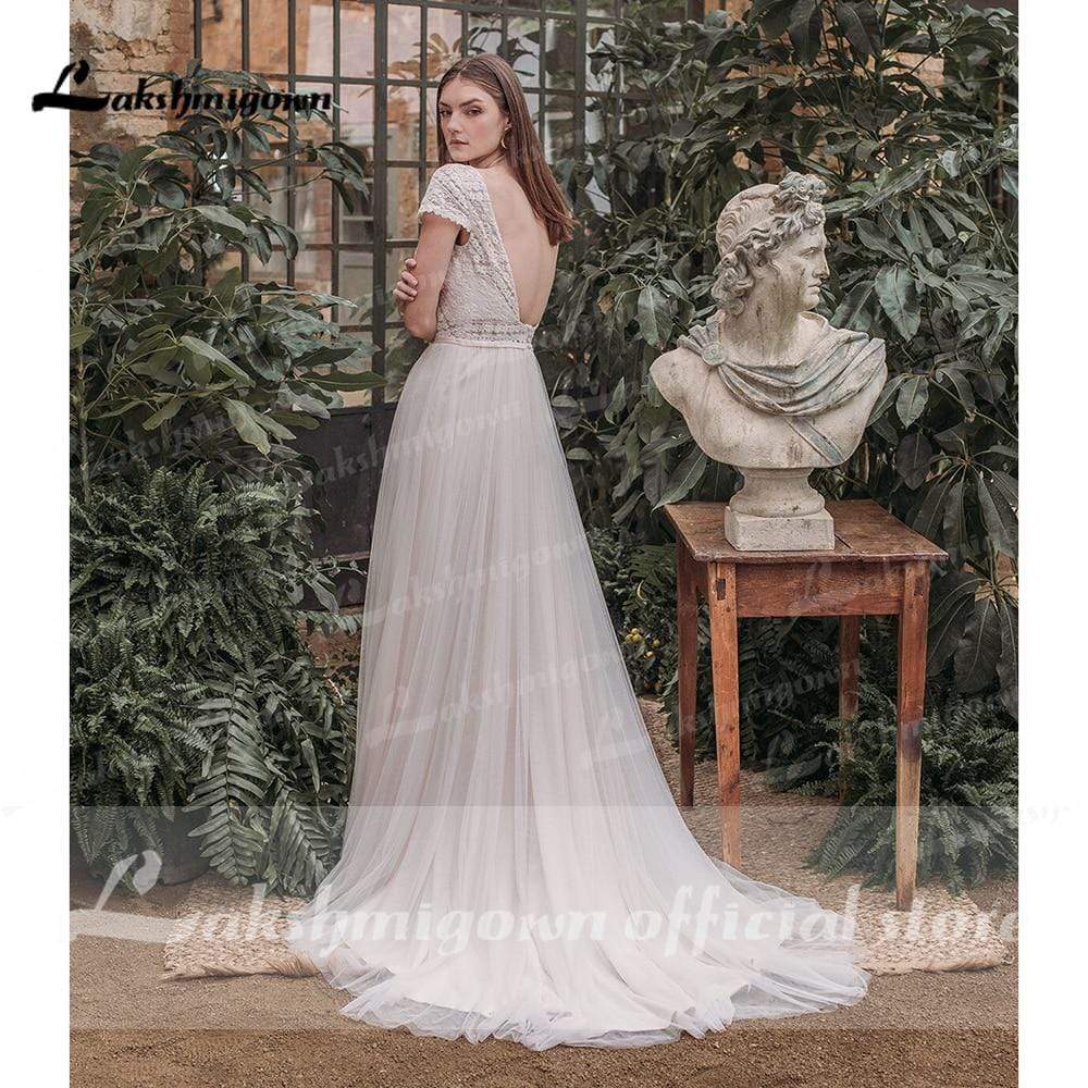 Sexy Backless Lace V Shape Back Short Sleeve Wedding Dresses - ROYCEBRIDAL OFFICIAL STORE